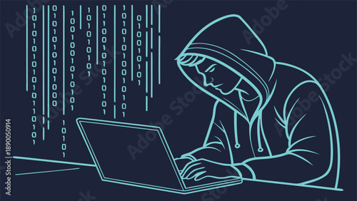 Hacker in hoodie intensely working on laptop in dark setting with code streaming down