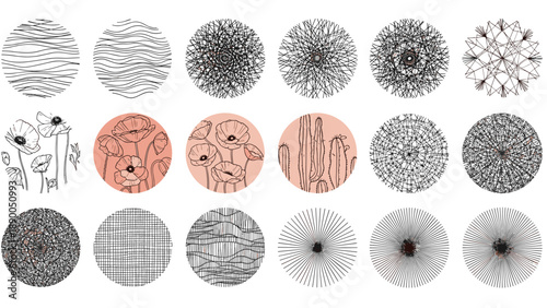 Collection of eighteen different circular patterns and botanical textures featuring poppies cacti and abstract lines on white.