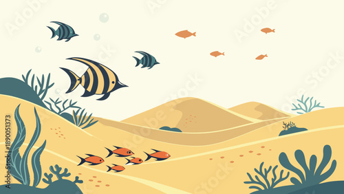 Vibrant ocean fish swimming in coral reef landscape with seaweed