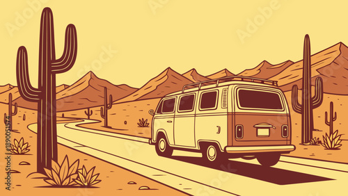 Vintage van driving through desert landscape with cacti