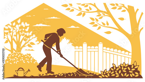 Man raking leaves in yard on sunny day with trees and fence