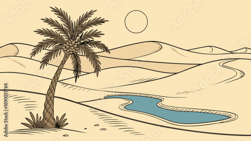 Escape to a serene desert oasis with a palm tree and tranquil pool under a sunny sky, perfect for relaxation and rejuvenation