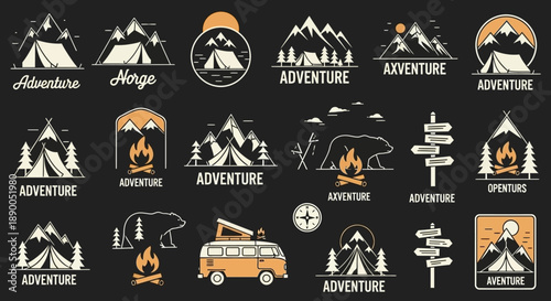 Adventure and Camping Icons: Mountains, Tents, Campfires, Bears, and Vans