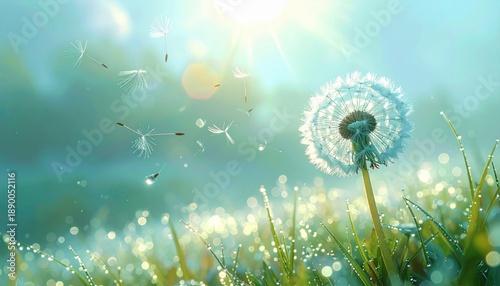 A delicate dandelion seed head disperses its fluffy seeds on a misty, sun-drenched morning in a dew-kissed meadow.