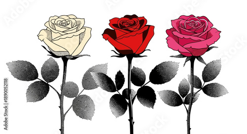 Three Vibrant Pop Art Roses in Cream, Red, and Pink with Stylized Leaves