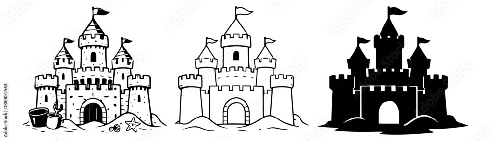 Obraz premium Hand drawn sandcastle illustration set featuring outline and silhouette styles for summer beach designs