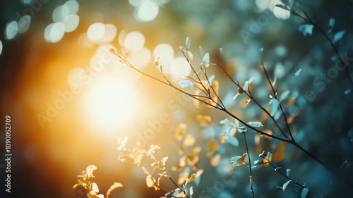 Golden sun rays filter through lush green foliage, warm luminous beams creating vibrant bokeh and glowing leaves, evoking tranquil spring or summer forest light