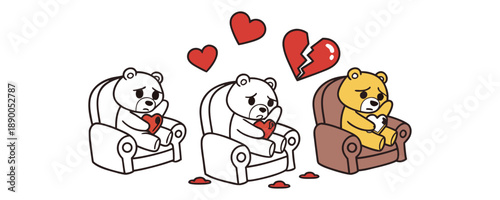 Sad Teddy Bears Holding Broken Hearts in Armchairs – Heartbreak Illustration