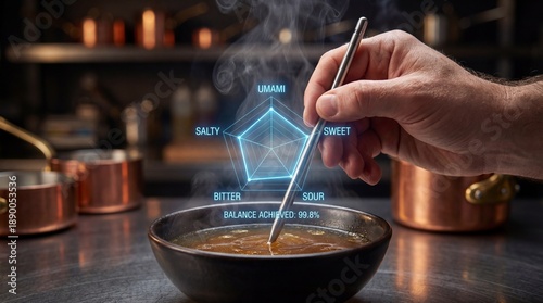 A chef's hand stirs a bowl of soup with a spoon, displaying a holographic taste profile radar chart with labels for umami, sweet, sour, bitter, and salty