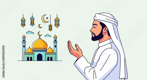 Foto Man in traditional attire praying towards a mosque with lanterns and crescent mo