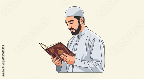 Man reading religious book with concentration and devotion in a serene environment from a side viewpoint