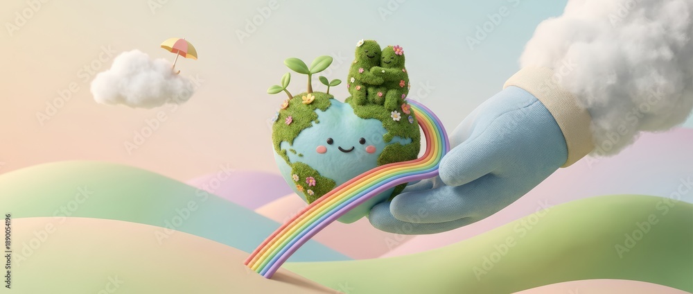 Fototapeta premium Creative environmental awareness event vibrant cartoon world visual art dreamlike landscape whimsical perspective promoting sustainability and joy