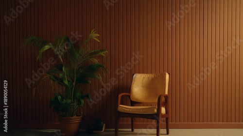 Cozy, empty living space featuring a single mid century modern armchair with a large potted plant against a textured brown wall, highlighting comfort, solitude, and stylish home decor