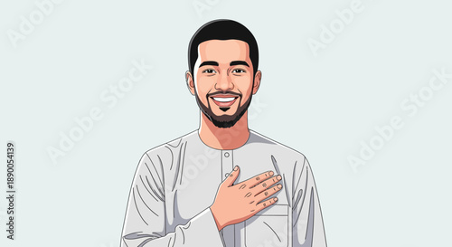 A smiling man in traditional attire gestures with one hand