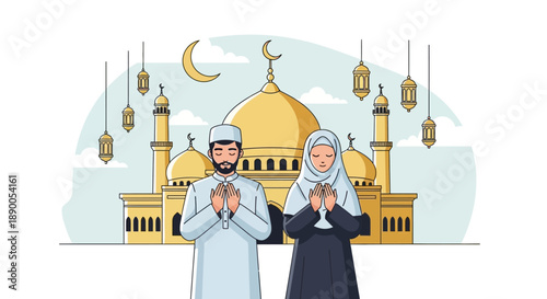 Illustration of Muslim couple praying together in front of a mosque with crescent moon