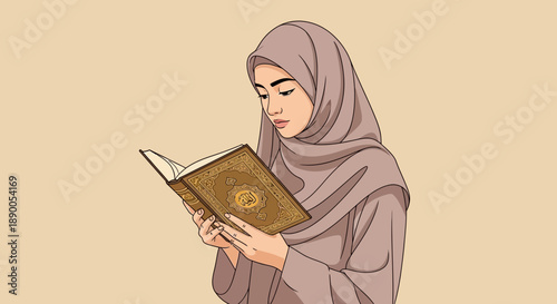 Woman in hijab reading a sacred book intently, illustration of a peaceful moment, serene atmosphere, close-up view, Whisk_41a6167ac64f1d780e849db60f864ae0dr.eps reference