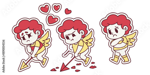 Sad Cupid Cherubs with Broken Hearts and Arrow – Heartbreak Illustration