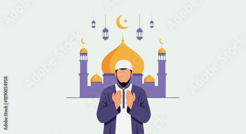 A man in prayer standing in front of an ornate mosque with minarets and domes, serene expression