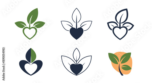 Set of six eco friendly logo designs featuring a heart shape combined with green leaves symbolizing health and love for nature.