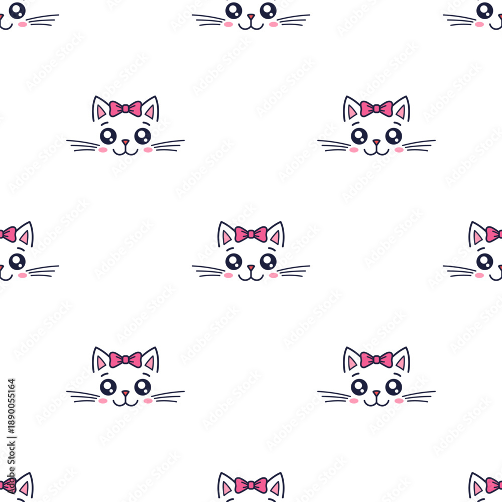 Fototapeta premium Cute kawaii cat girl with hair bow seamless pattern. Texture for children clothing, textile design, gender parties, baby shower cards and invitations. Outline cat character, vector