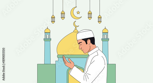 A man in white robes praying in front of a mosque with a crescent moon and stars illustration