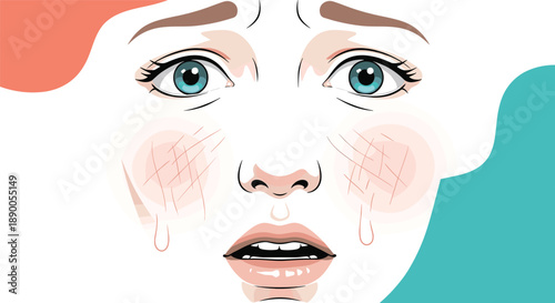 Close-up illustration of a worried woman face with scared expression featuring wide blue eyes and flushed pink cheeks.