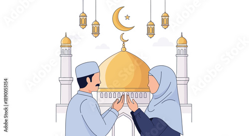 Illustration of couple praying together in front of mosque during Eid celebration with crescent moon and lanterns