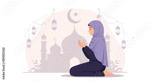 Woman in prayer at mosque, kneeling with hands together in serene evening atmosphere under crescent moon, vector illustration