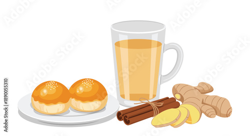 Refreshing glass of ginger tea served with sweet buns, cinnamon sticks, and fresh ginger slices on white background.
