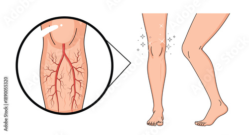 Medical diagram illustrating varicose veins on a human leg with a detailed close-up view of the vascular system.
