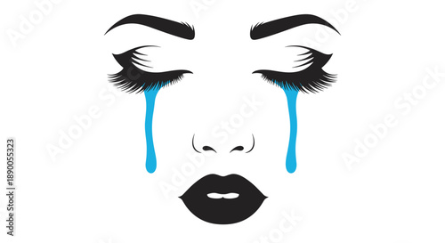 Minimalist artistic illustration of a woman face with long lashes, black lips, and bright blue tears falling down.