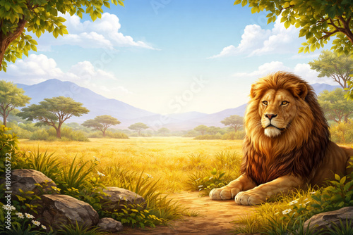 Background illustration of a lion in a barren field