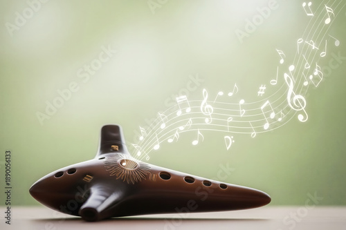 淡い緑の空間でオカリナから音楽が広がる癒しのイメージ