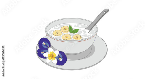 Sweet bowl of Thai coconut milk dessert with sliced bananas and blue butterfly pea flowers for food decoration.