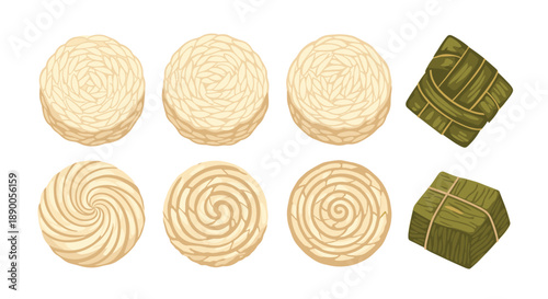 Traditional Asian food set featuring various round rice cakes and pyramid shaped dumplings wrapped in bamboo leaves.
