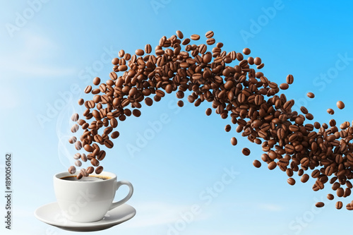 青空を背景に波のように舞うコーヒー豆と一杯のコーヒー