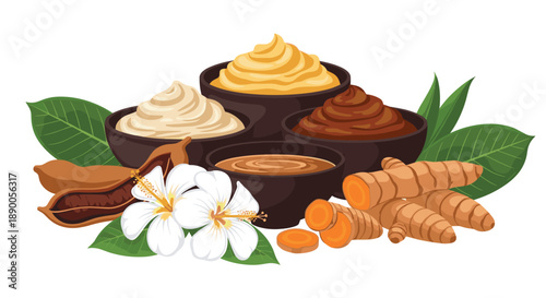 Arrangement of four bowls containing different cosmetic or culinary pastes with tamarind, hibiscus, and turmeric roots.