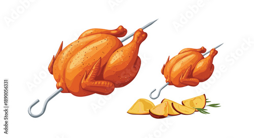 Roasted rotisserie chickens on metal skewers presented with golden potato wedges and rosemary garnish for a delicious meal.
