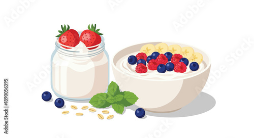 Healthy breakfast yogurt bowls topped with fresh strawberries, blueberries, raspberries, and banana slices with mint and oat grains.