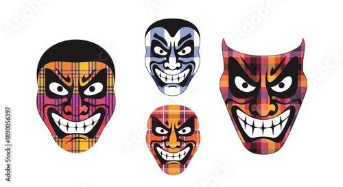 Collection of four fierce traditional theatrical masks with grinning expressions and colorful plaid patterns in various shades.
