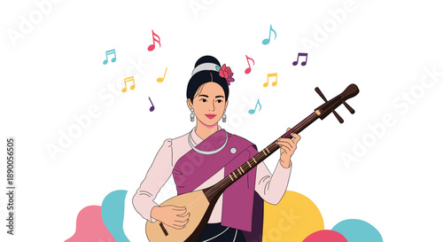 Woman wearing traditional Southeast Asian costume playing a long necked stringed instrument called a phin with musical notes.