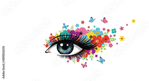 Creative artistic eye illustration adorned with colorful flowers and butterflies representing beauty and nature and vision.