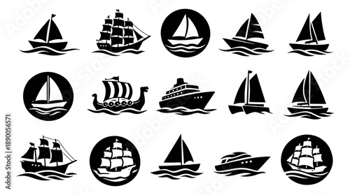 Silhouette nautical icon set featuring various boats and ships for travel and marine transportation