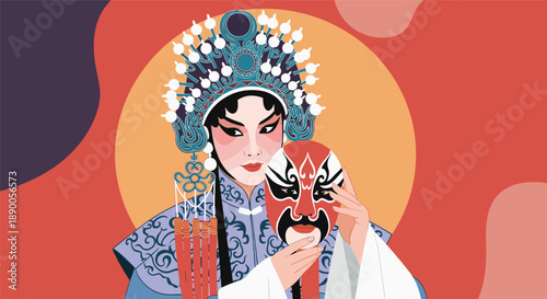 Close up portrait of a Chinese opera actress in elaborate traditional headdress holding a painted red theatrical mask.