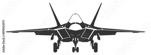 Silhouette F-22 military aircraft design from front view. Vector illustrations f22 fighter jet in black and white color from ahead. Monochrome drawing united states modern combat aeroplane F22.