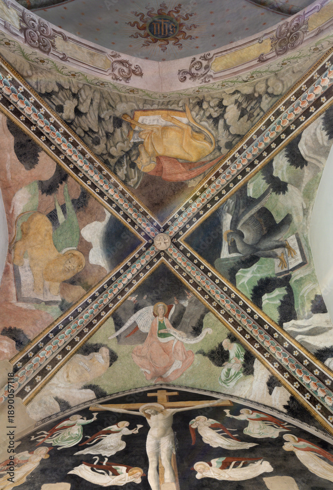 Fototapeta premium NOVARA, ITALY - JANUARY 16, 2026: The ceiling fresco of symbols of four Evangelist in the church Chiesa di San Nazaro by gothic school from Lombardy from 15. - 16. cent. 