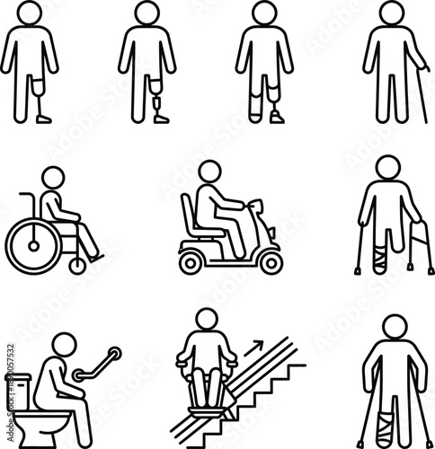 Collection of icons representing people with disabilities and assistive devices