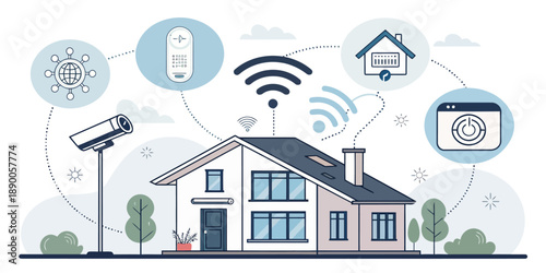 Smart home technology concept, flat vector illustration showing house connected to devices and network for automation.