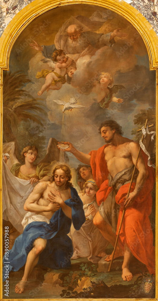 Fototapeta premium VERCELLI, ITALY - JANUARY 16, 2026: The painting of Baptism of Jesus in the church Cattedrale di San Eusebio by unknown artist. 
