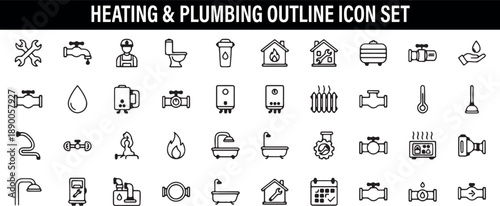 Plumbing Outline Icons Set, Pipe Faucet Icon Pack Clipart, Water Repair Vector Illustration, Plumber Tools Line Icons Design, Bathroom Fixtures Bundle Download, Plumbing Service Icon Pack, Pipe UI Ico